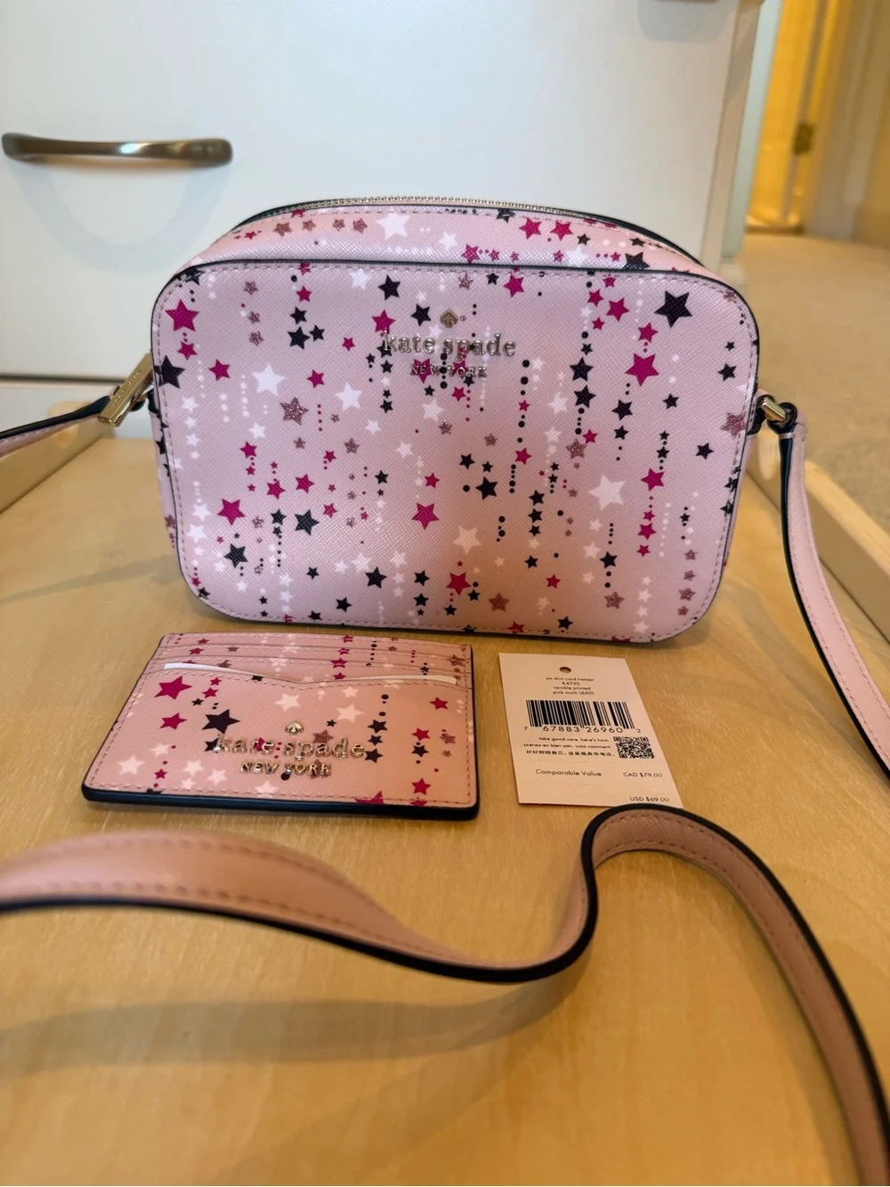 kate spade pink star print crossbody camera bag